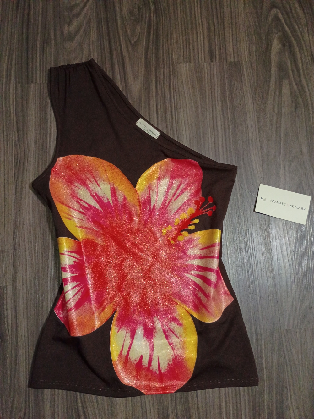 One-Shoulder Brown Top with Pink & Yellow Floral Print